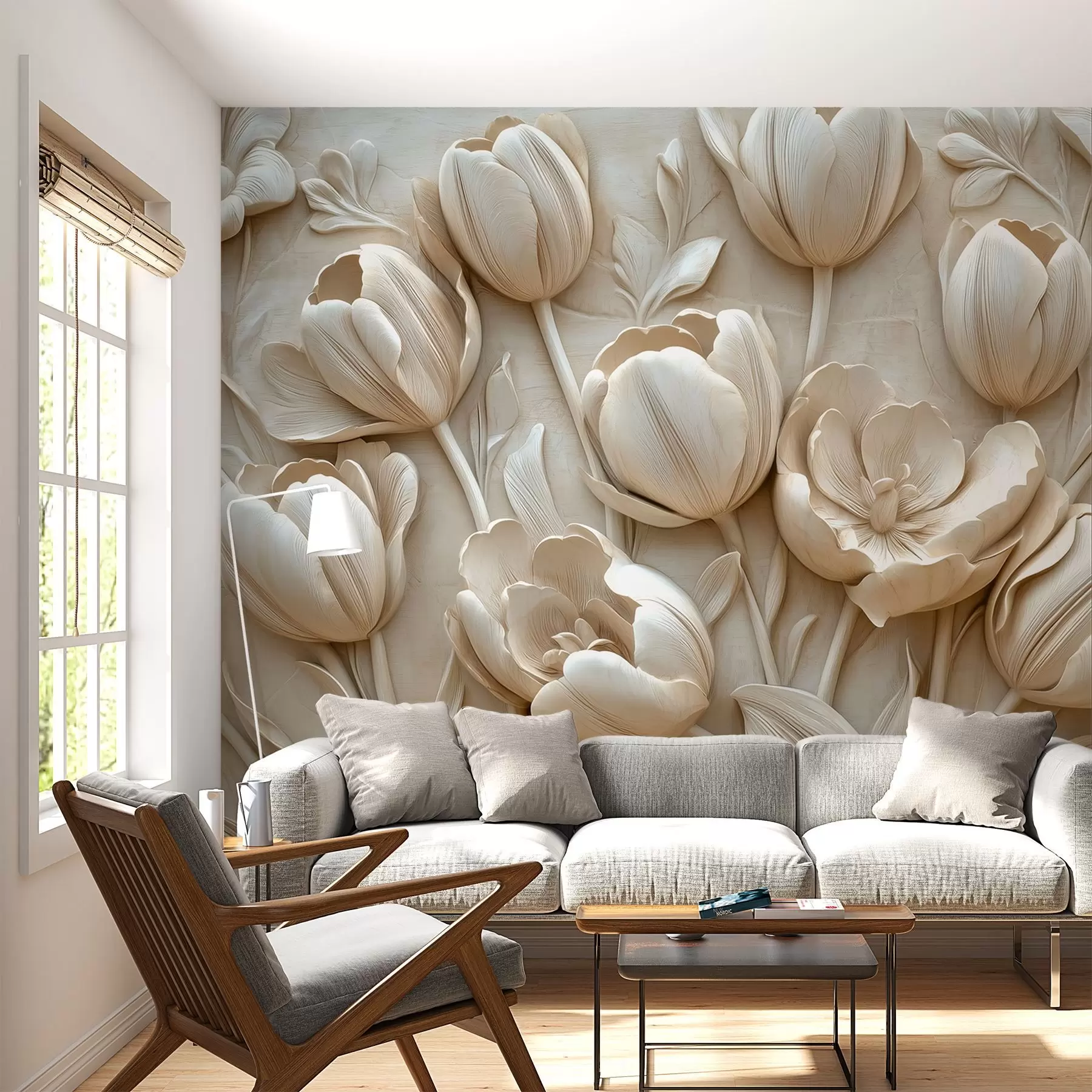 murales de pared arte floral en 3D con elegantes tulipanes de color beige w01851