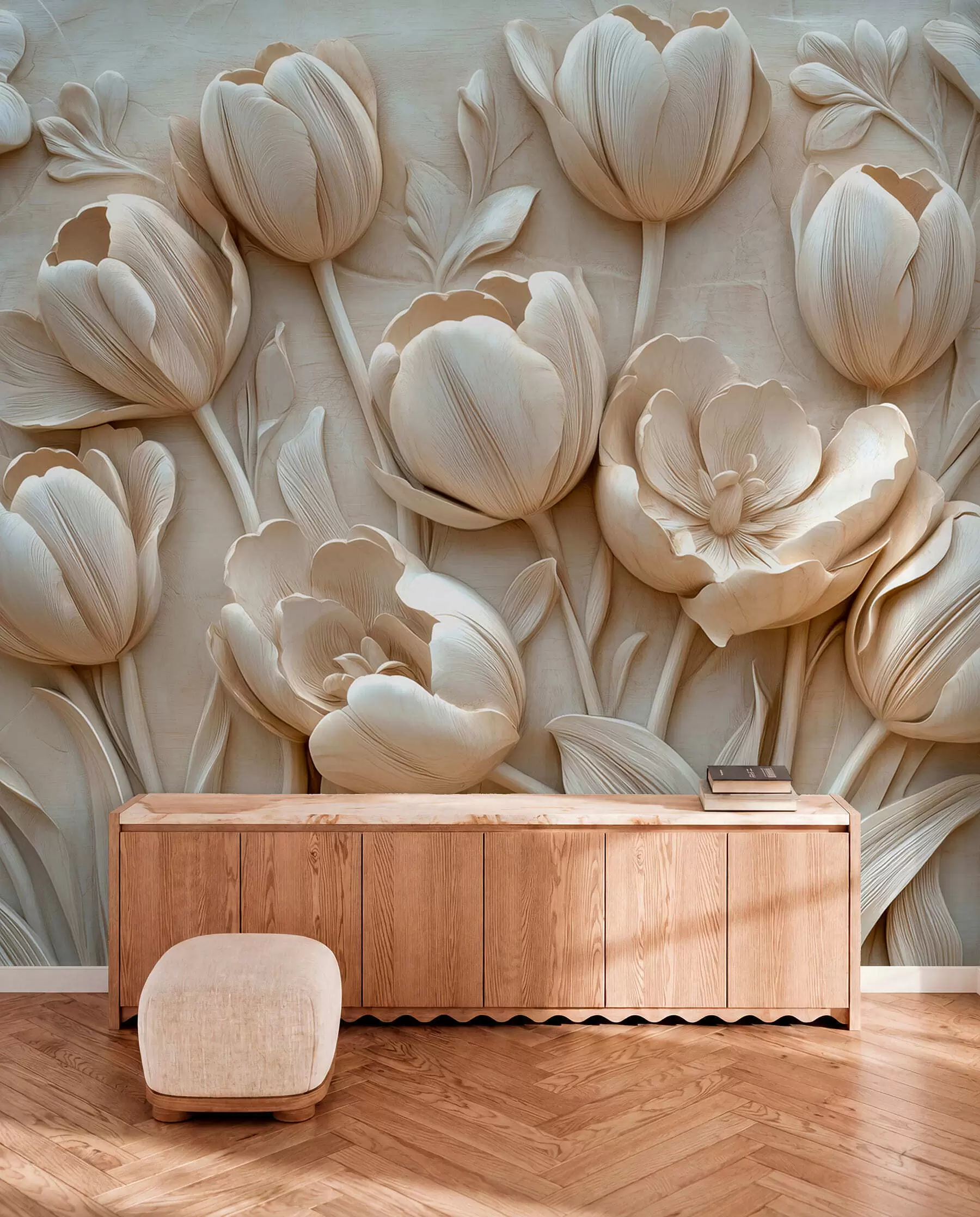 murales de pared arte floral en 3D con elegantes tulipanes de color beige w01851