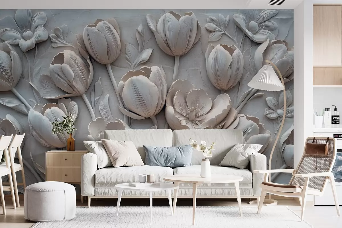 Murales de pared arte floral en 3D con elegantes tulipanes en color gris w01851v1 murales de pared arte floral en 3D con elegantes tulipanes en color gris w01851v1