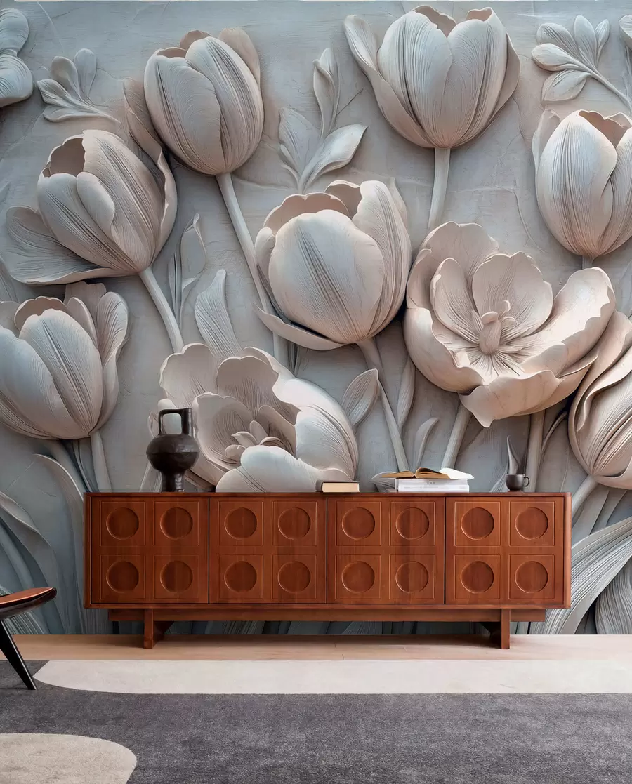 murales de pared arte floral en 3D con elegantes tulipanes en color gris w01851v1