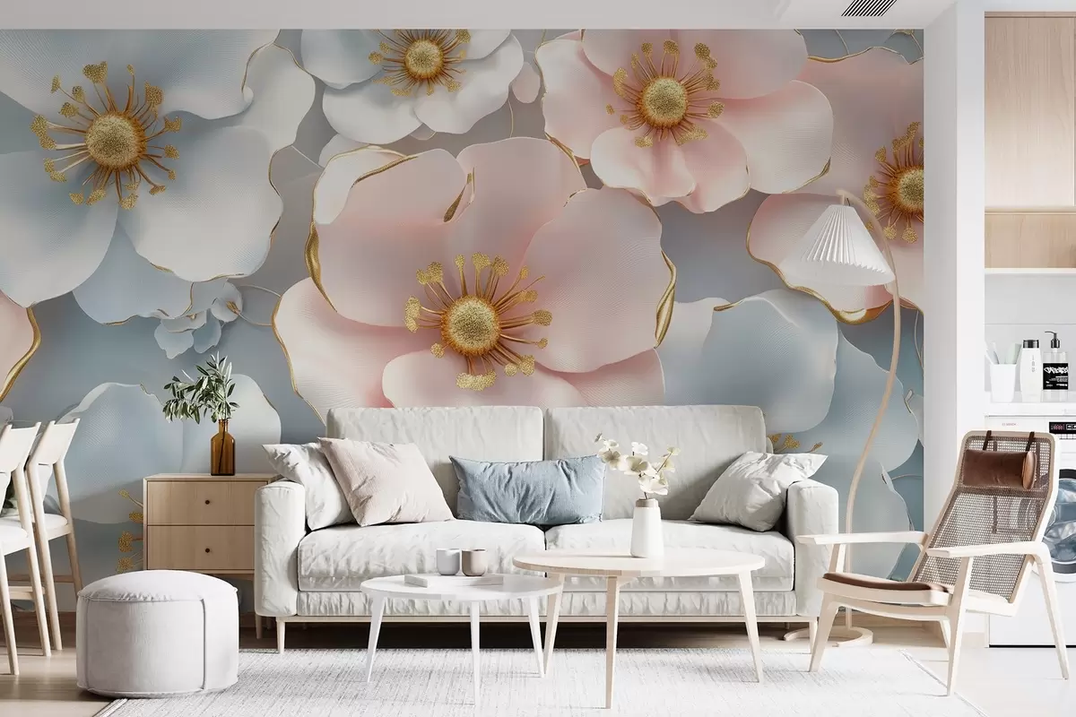 Murales de pared Flores abstractas azules y rosas con acentos sobre un fondo elegante en colores suaves w01855 murales de pared Flores abstractas azules y rosas con acentos sobre un fondo elegante en colores suaves w01855