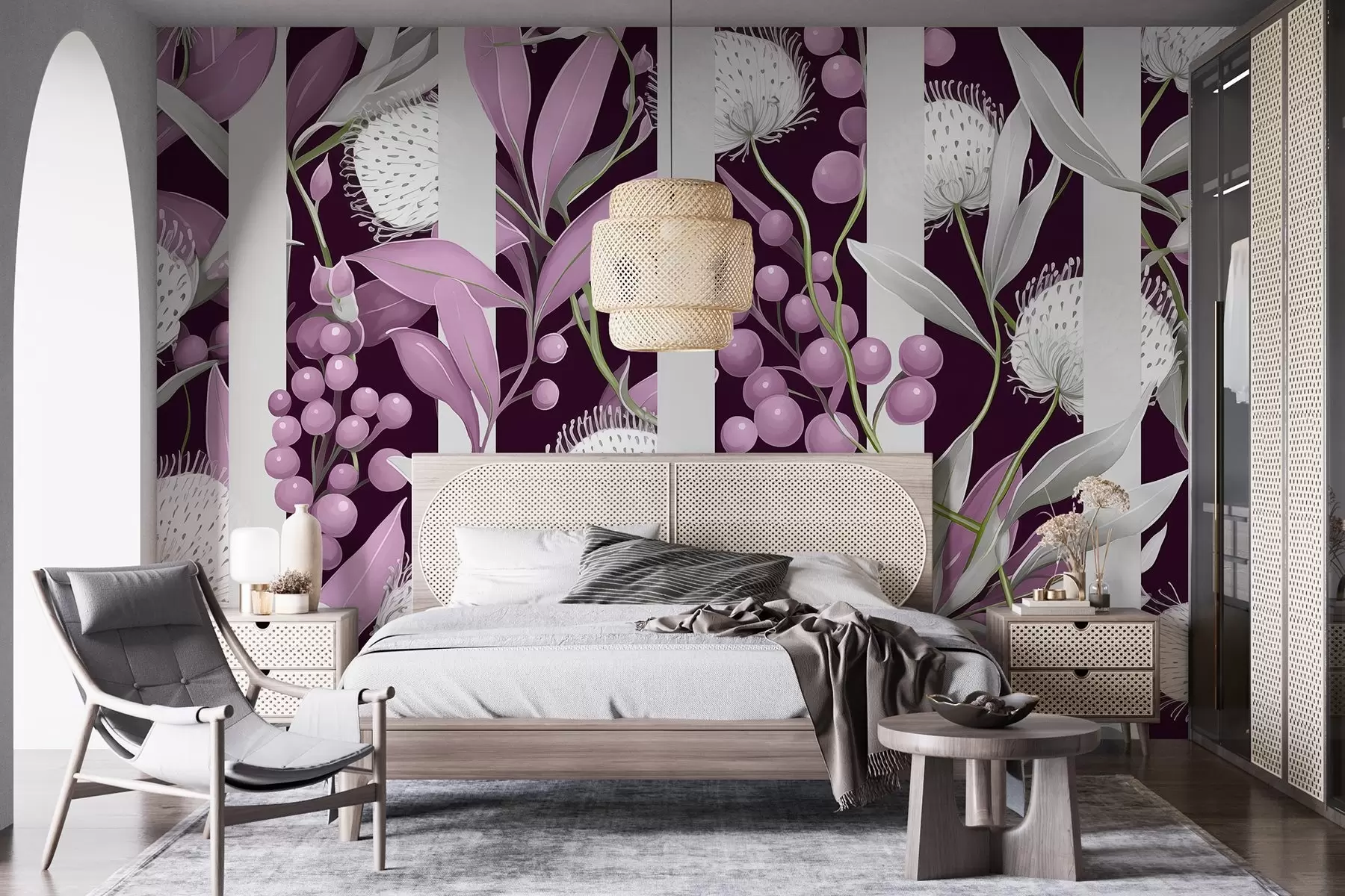 murales de pared Adorno de flores con bayas silvestres, vintage, colores rosa y verde w01886v1