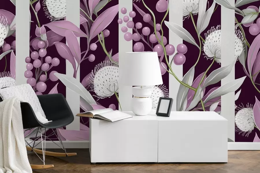 Murales de pared Adorno de flores con bayas silvestres, vintage, colores rosa y verde w01886v1 murales de pared Adorno de flores con bayas silvestres, vintage, colores rosa y verde w01886v1