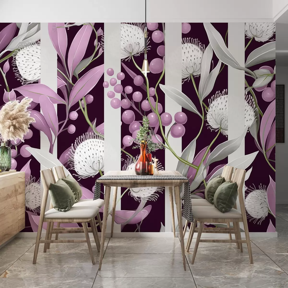 Murales de pared Adorno de flores con bayas silvestres, vintage, colores rosa y verde w01886v1 murales de pared Adorno de flores con bayas silvestres, vintage, colores rosa y verde w01886v1