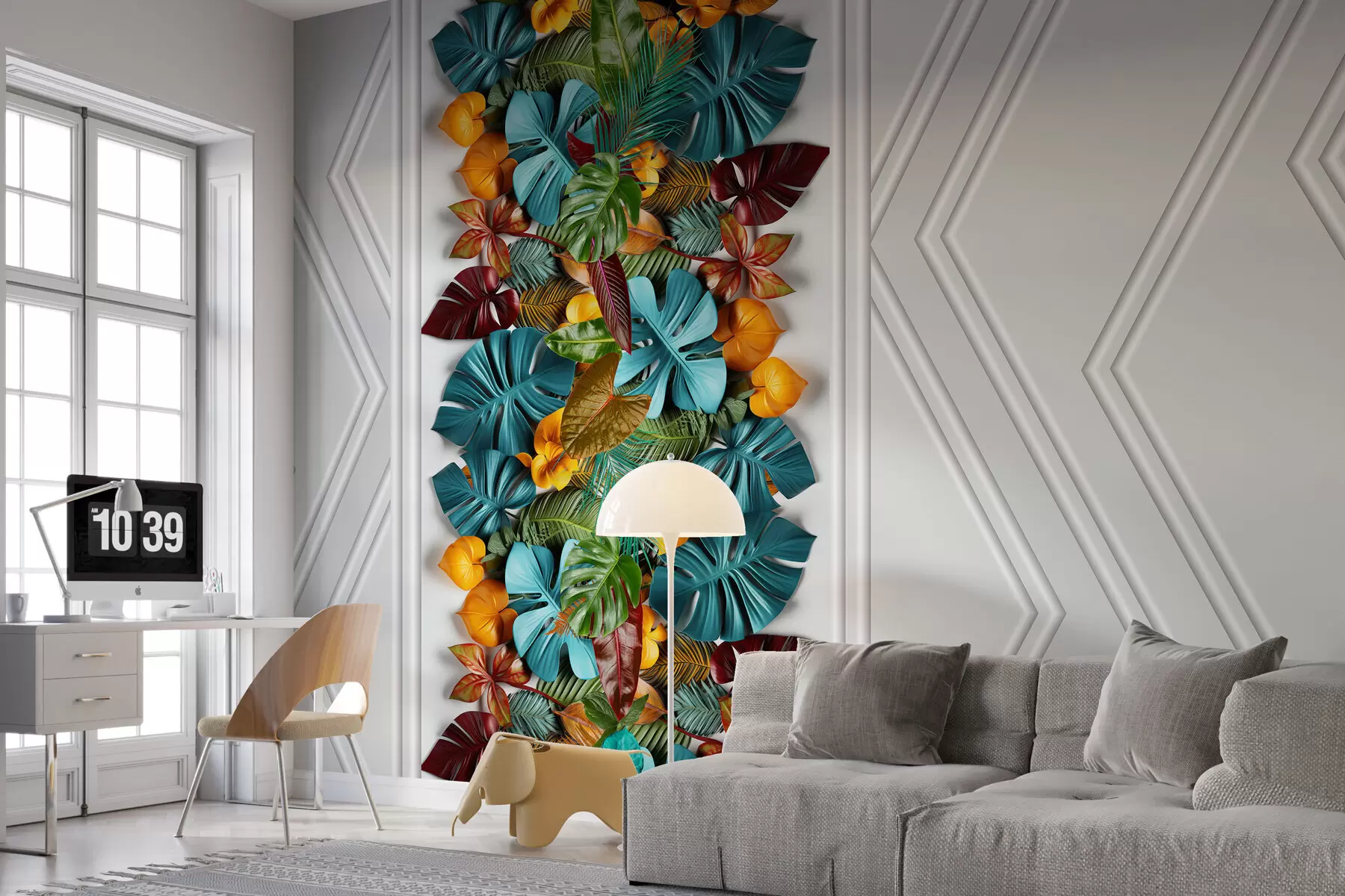 murales de pared papel pintado 3D con coloridas hojas tropicales y geometría sobre fondo gris w01876