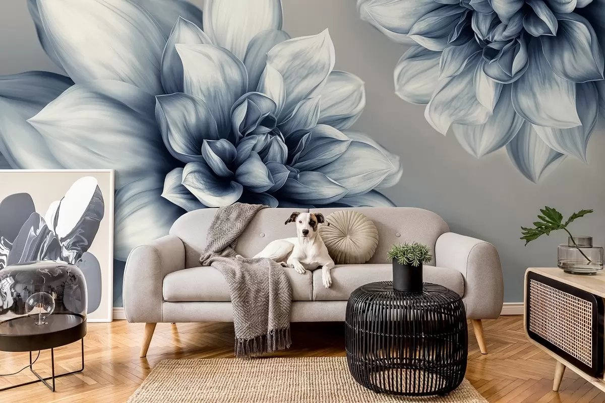 Murales de pared Flores voluminosas con muchos pétalos, representadas en gradaciones de tonos grises y azules w01937 murales de pared Flores voluminosas con muchos pétalos, representadas en gradaciones de tonos grises y azules w01937