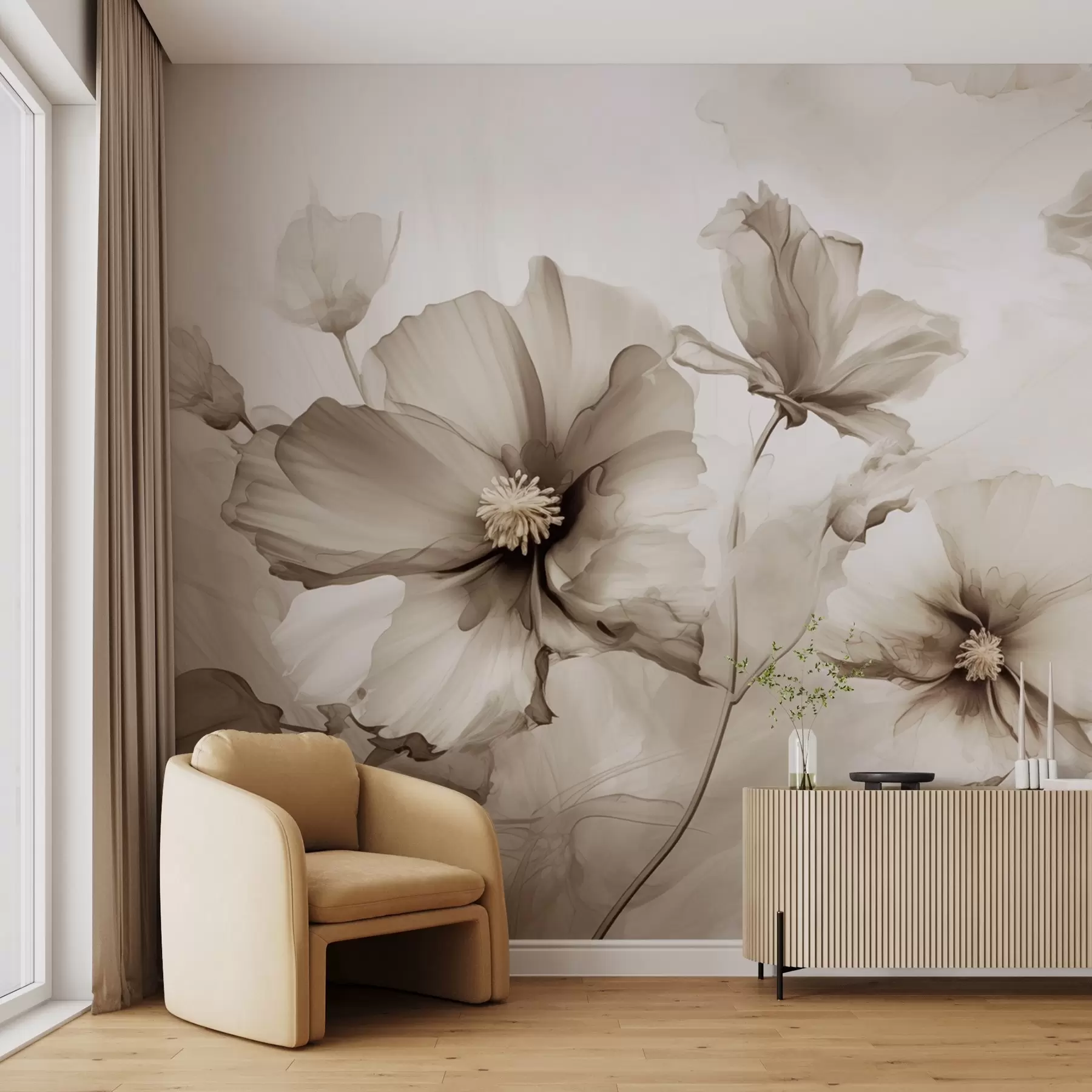 murales de pared Aireadas flores de color beige translúcido que se disuelven en la luz de la mañana w01938v1