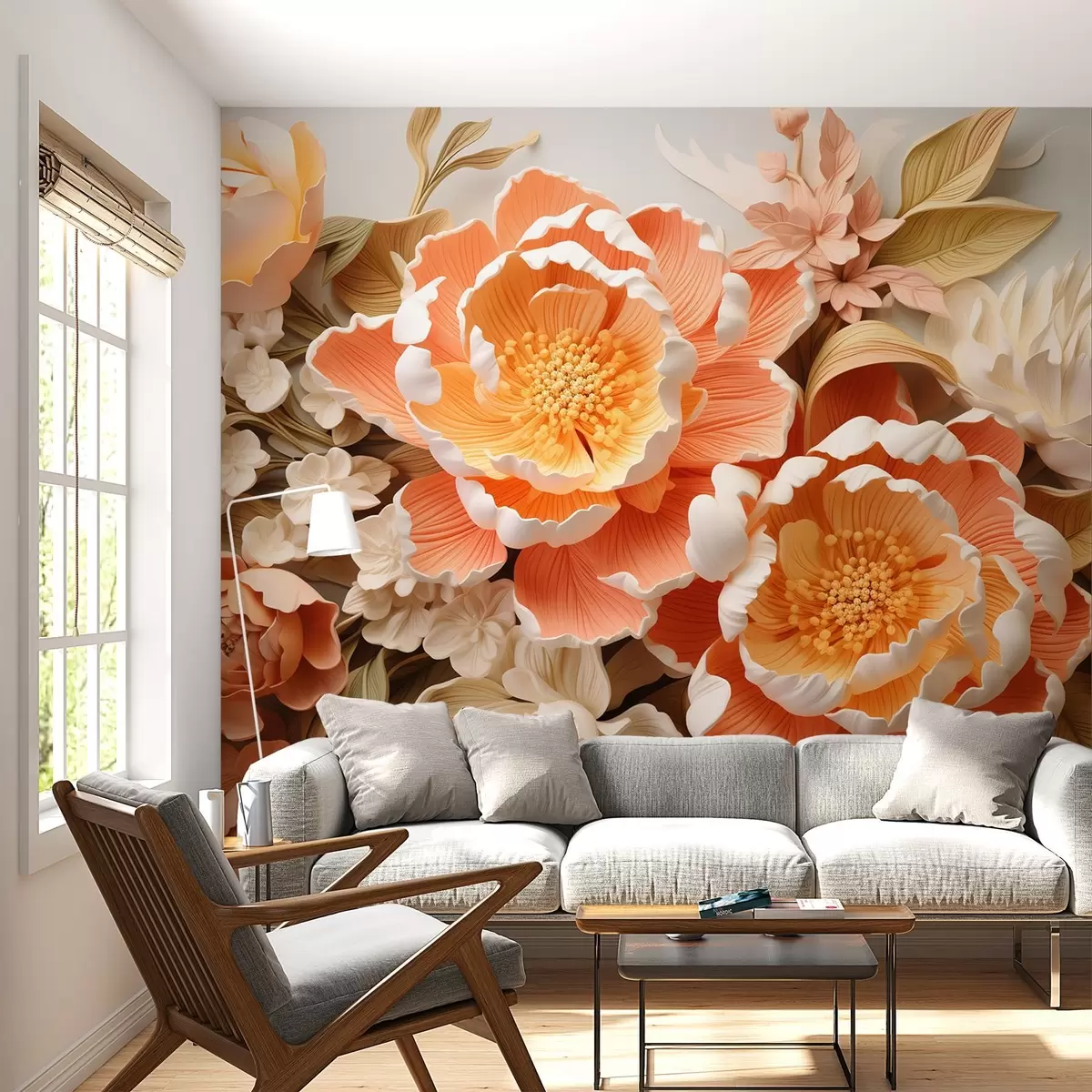 Murales de pared Un arreglo floral 3D en tonos melocotón con peonías y rosas estilo Rococo w01939 murales de pared Un arreglo floral 3D en tonos melocotón con peonías y rosas estilo Rococo w01939