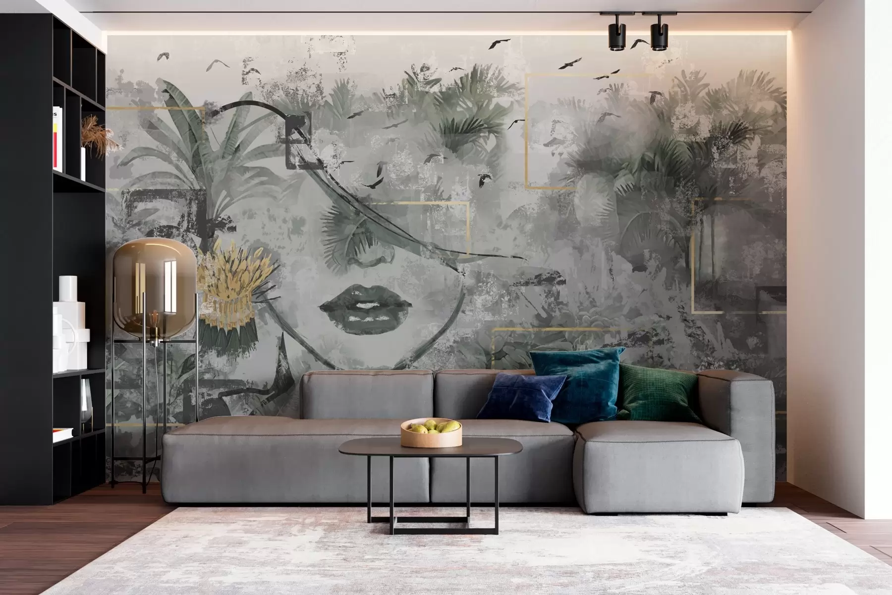 murales de pared Bosque tropical grunge y silueta de cara de niña w01916