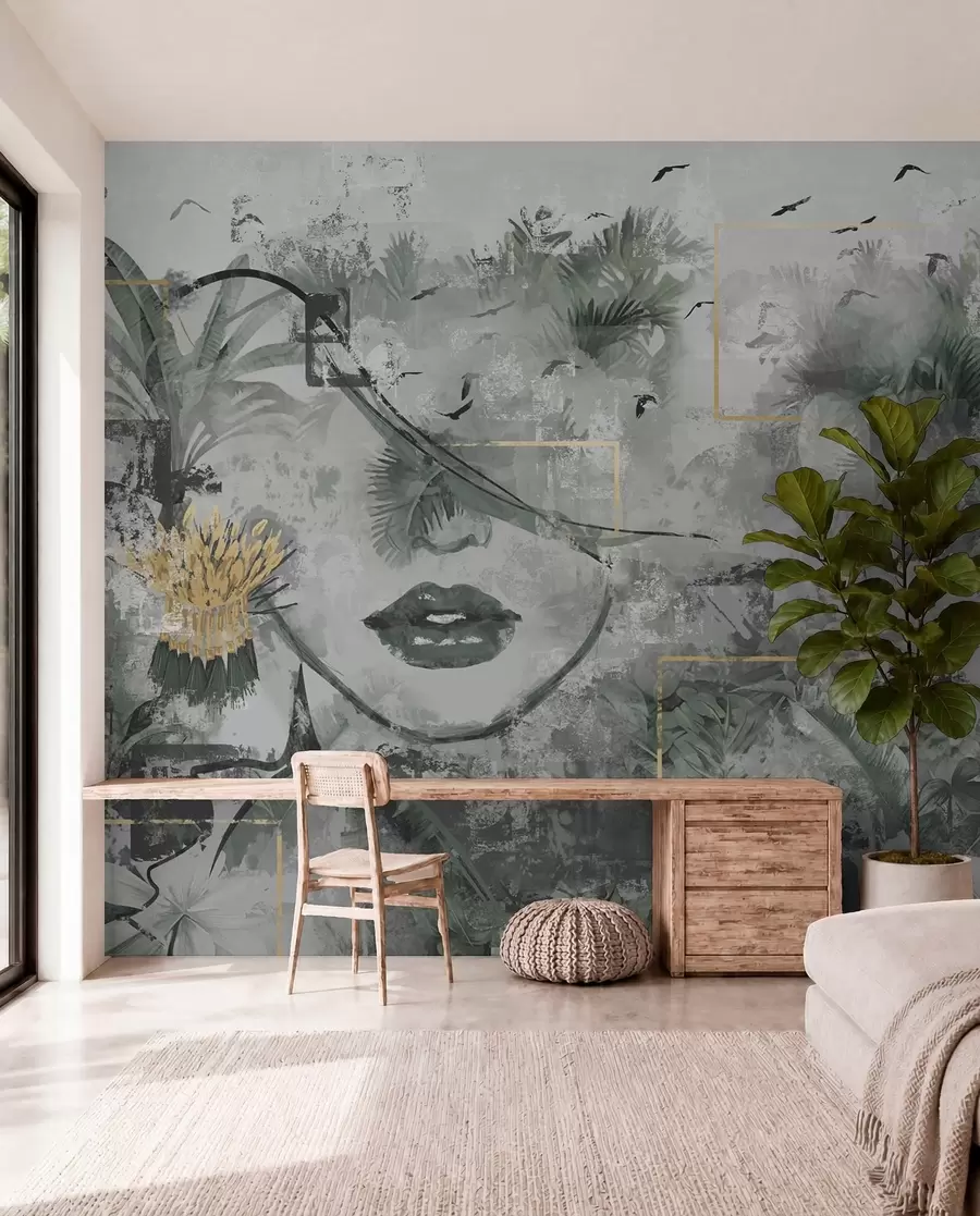 murales de pared Bosque tropical grunge y silueta de cara de niña w01916