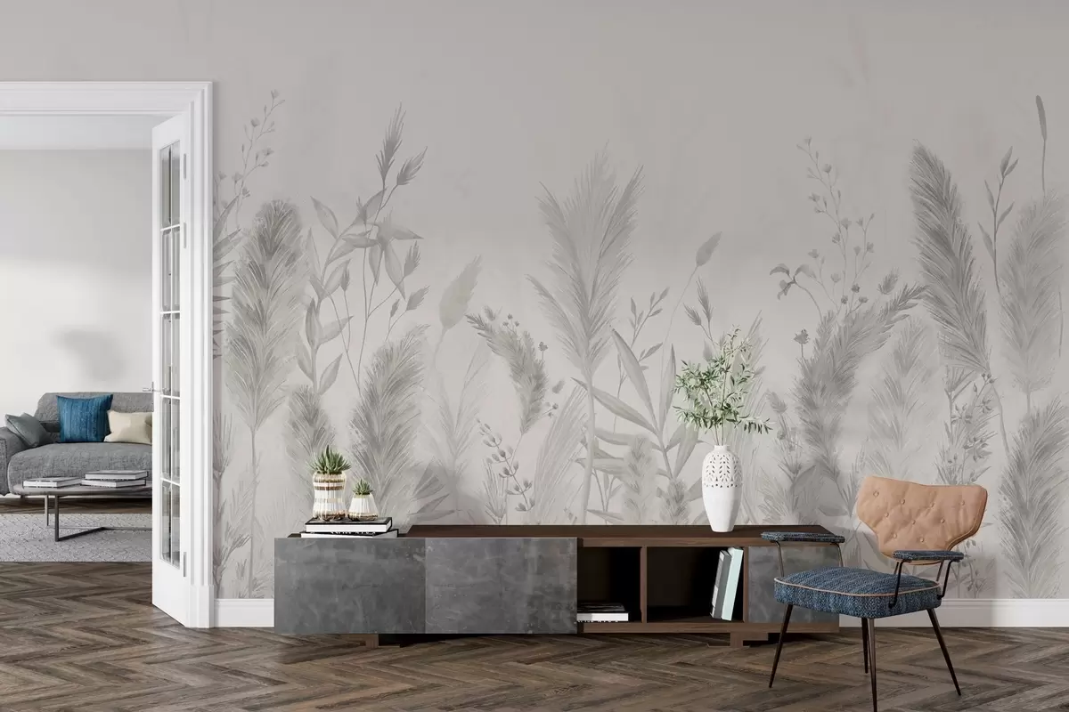 murales de pared Hierbas altas y flores de colores neutros w02004