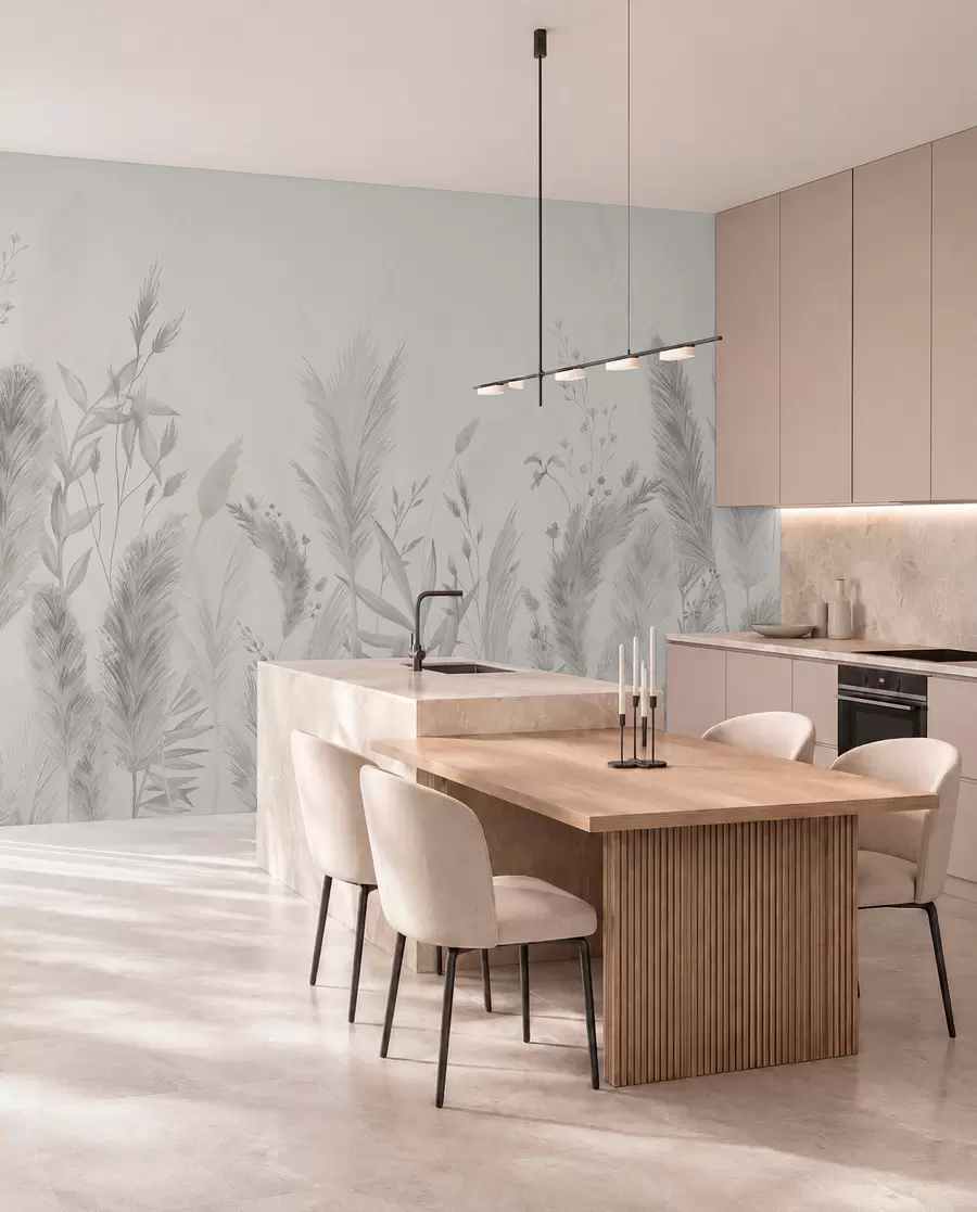 murales de pared Hierbas altas y flores de colores neutros w02004