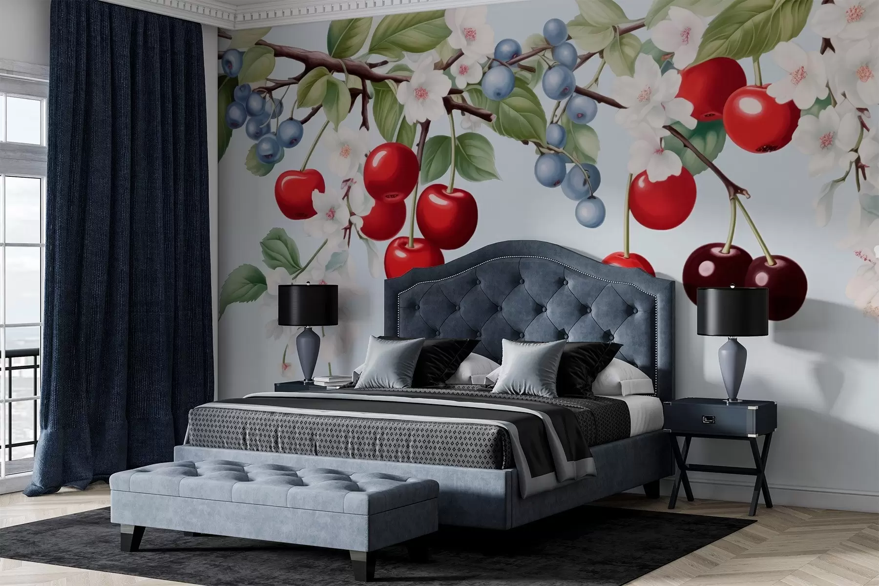 murales de pared Jardín de bayas: ramas con cerezas, arándanos y flores w01975