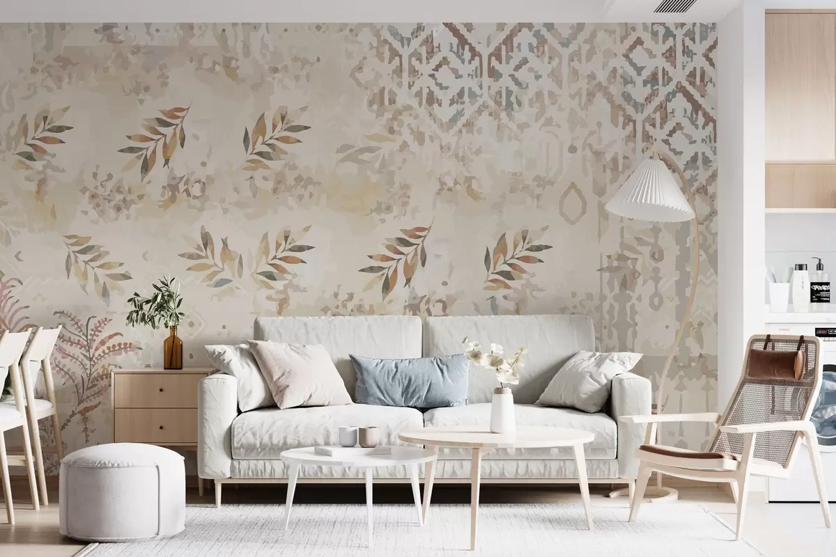 murales de pared papel pintado de estilo retro con motivos, elementos de abrasión, manchas y hojas, en colores beige w01955