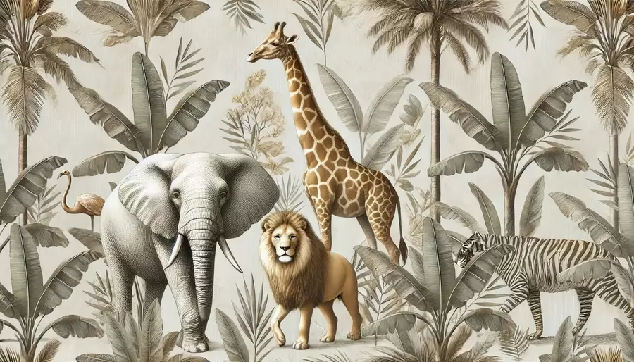 murales de pared Papel pintado infantil Safari con paisaje tropical y varios animales en elegantes colores w01956