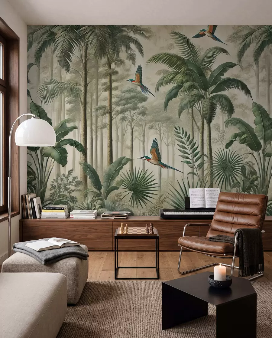 murales de pared Panorama con paisaje tropical y aves w01957