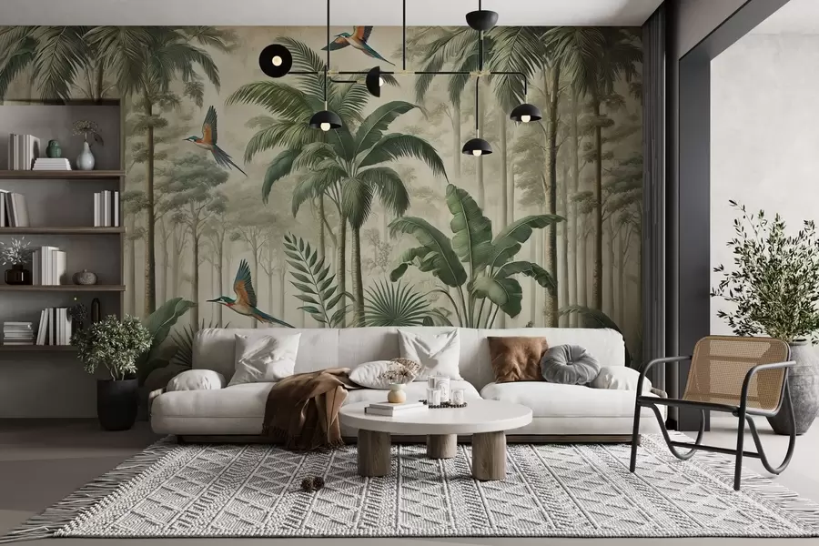 murales de pared Panorama con paisaje tropical y aves w01957