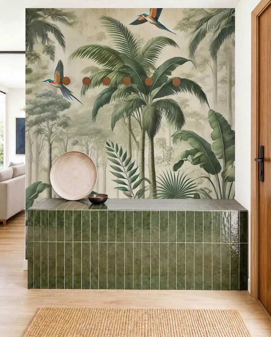 murales de pared Panorama con paisaje tropical y aves w01957