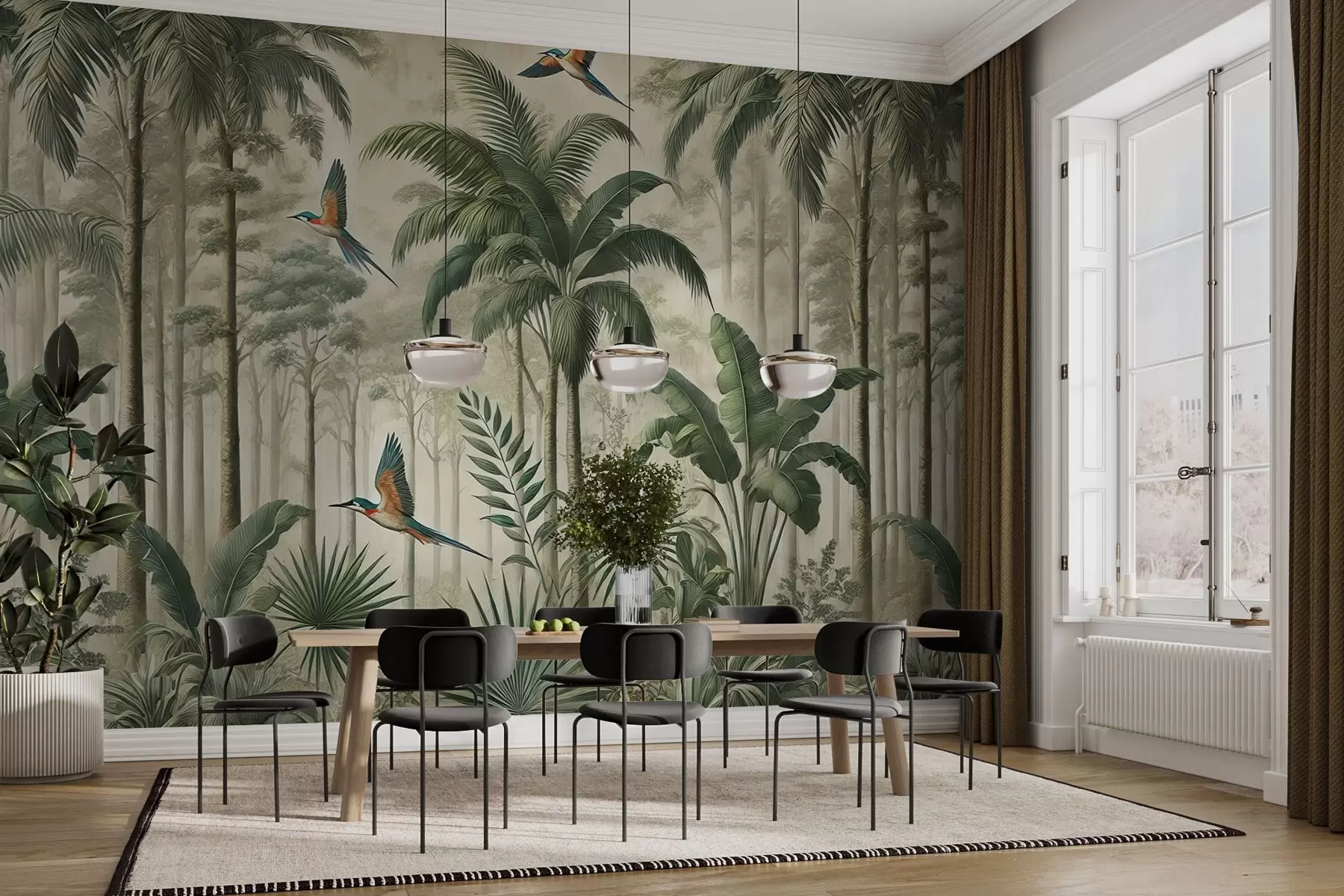 murales de pared Panorama con paisaje tropical y aves w01957