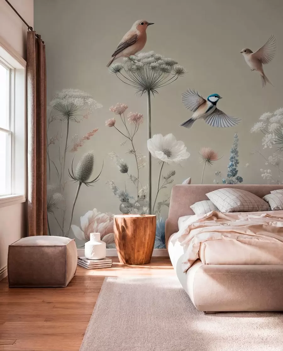 murales de pared Aves de pradera en beige suave w01958