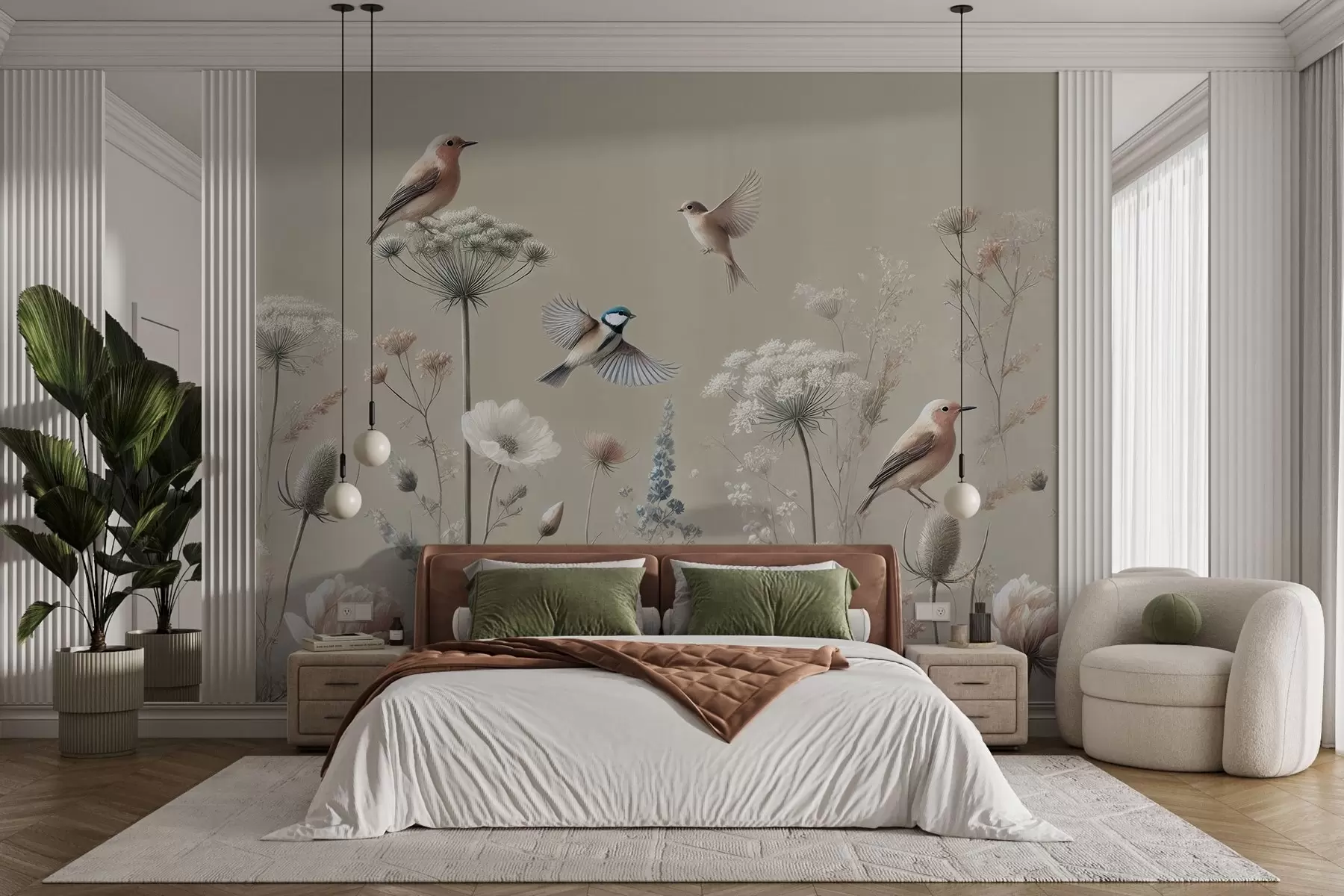 murales de pared Delicadas flores silvestres con pájaros sobre fondo beige w01958