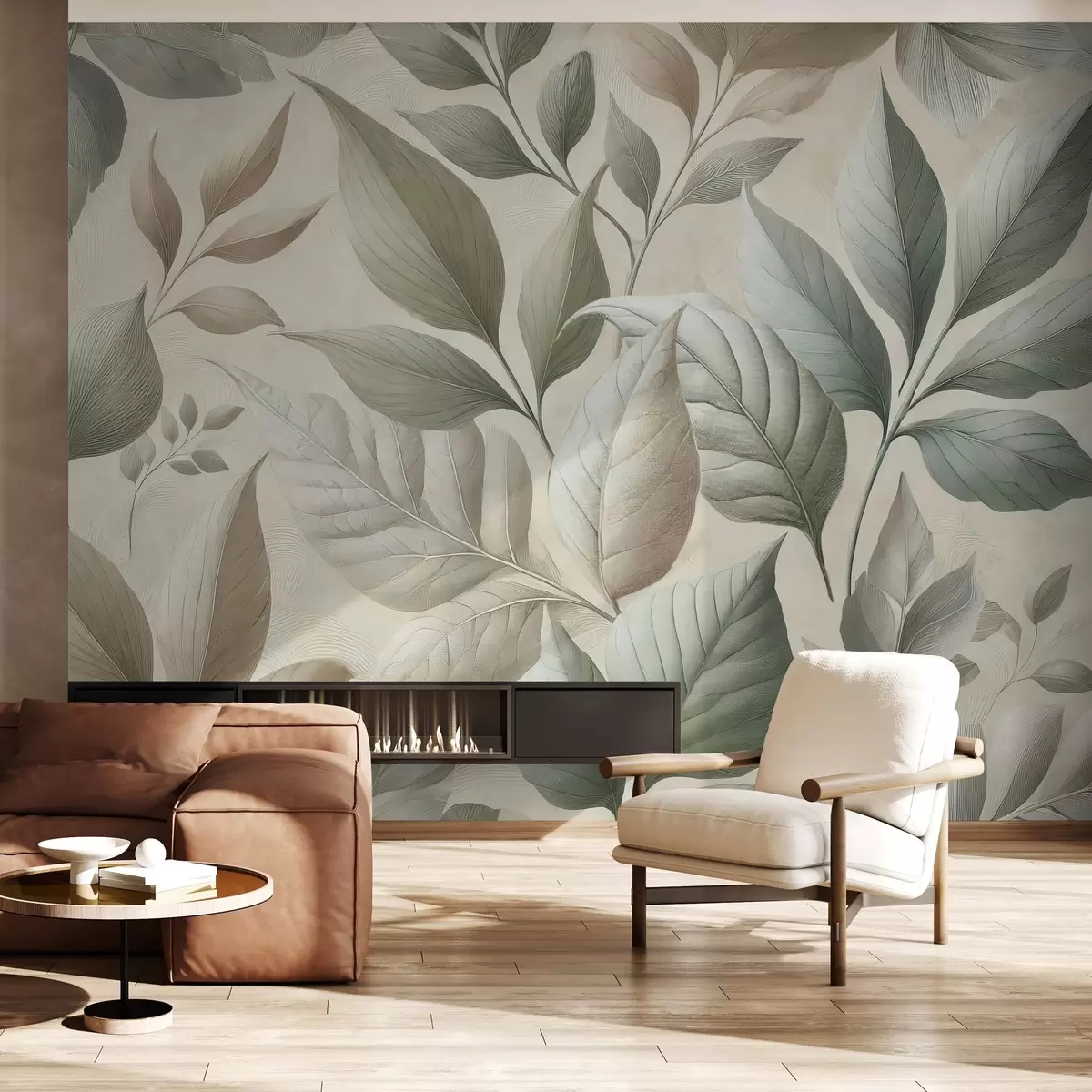murales de pared Exquisito estampado de grandes hojas en elegantes tonos crema y beige w01959