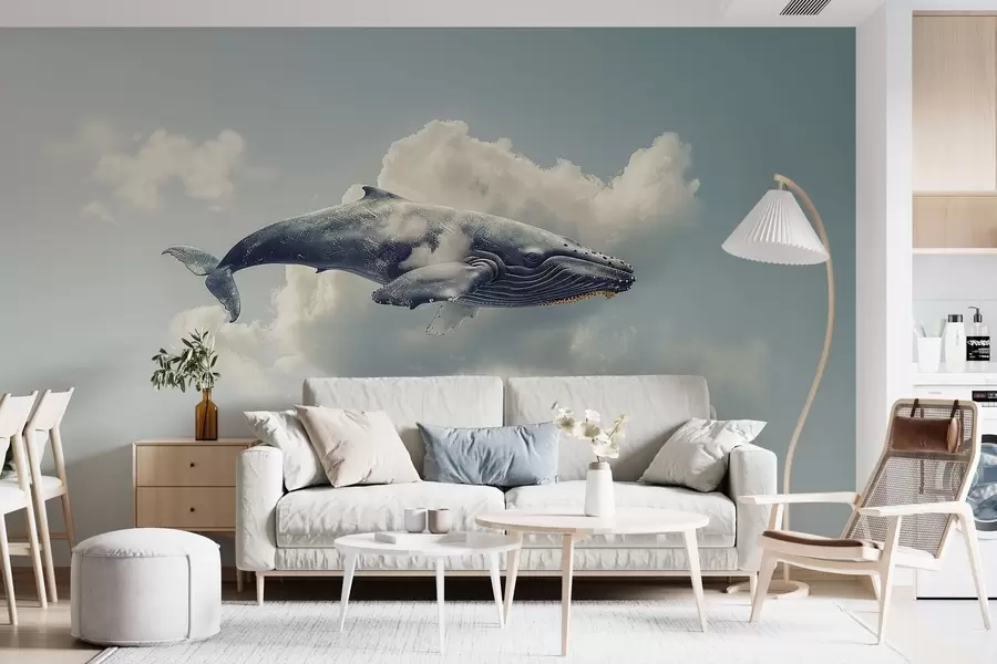 Murales de pared Gran ballena de fantasía nadando entre las nubes sobre un fondo de cielo azul claro w01962 murales de pared Gran ballena de fantasía nadando entre las nubes sobre un fondo de cielo azul claro w01962