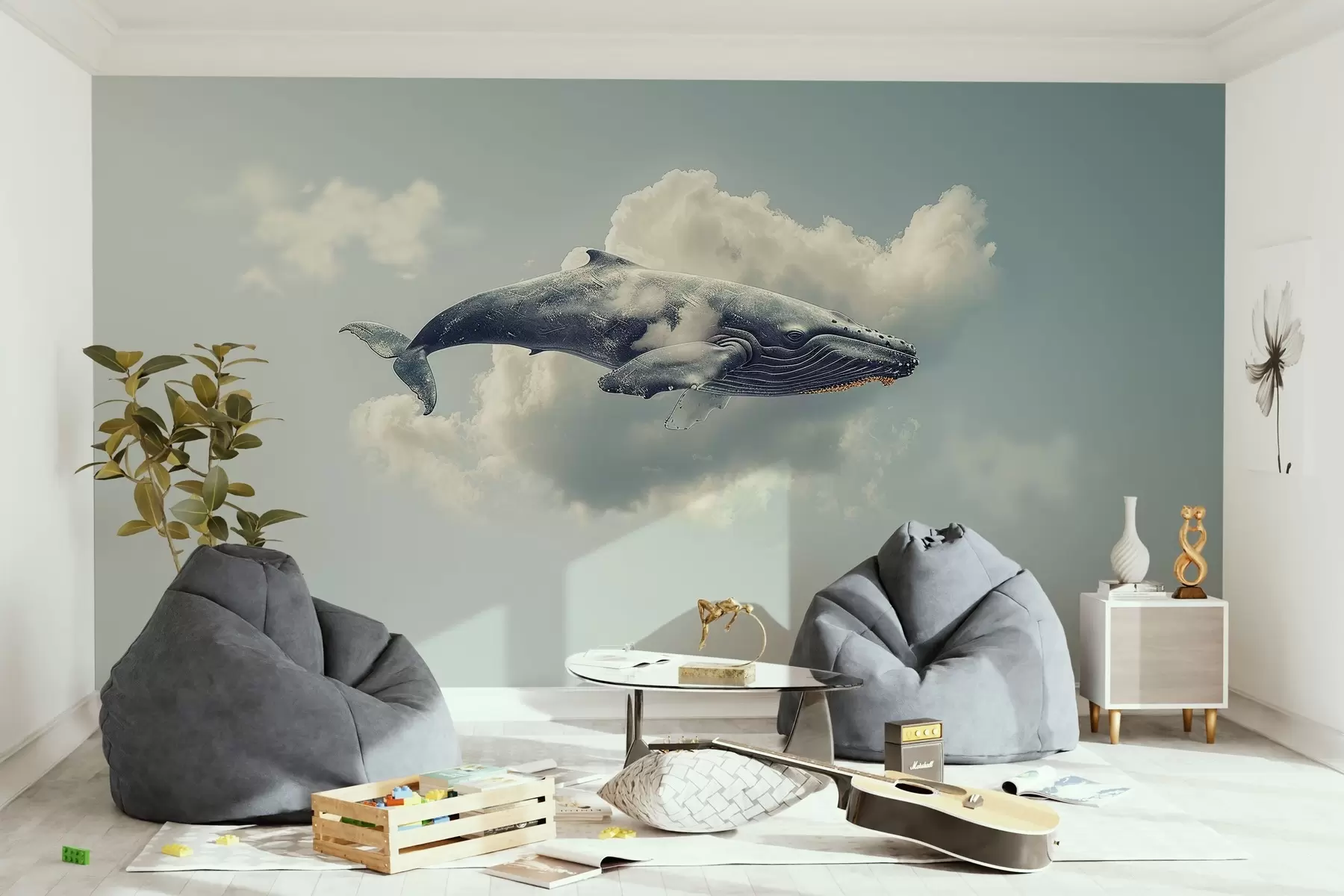murales de pared Gran ballena de fantasía nadando entre las nubes sobre un fondo de cielo azul claro w01962