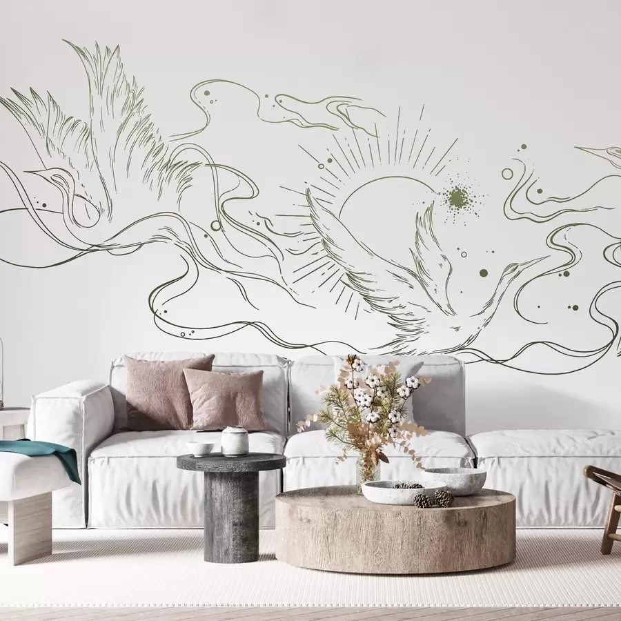 murales de pared Pájaros voladores, dibujo lineal, minimalismo, paleta de colores grises w02022v1