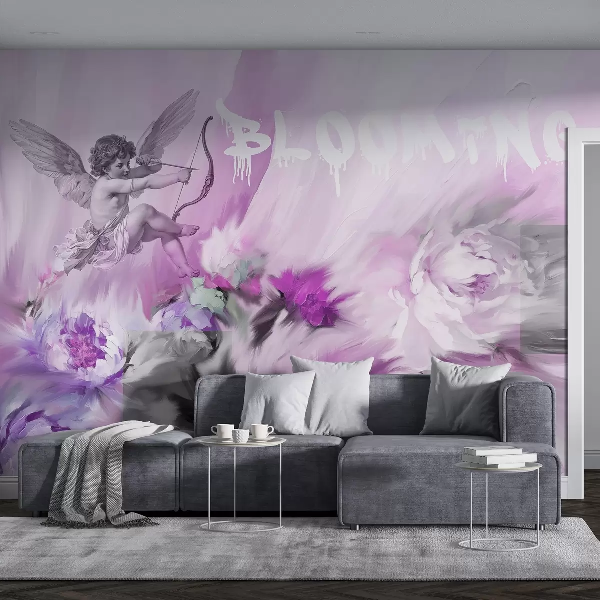 Murales de pared Flores florecientes, peonías, pequeños Cupidos con flechas, arte acrílico, colores violetas w02023v2 murales de pared Flores florecientes, peonías, pequeños Cupidos con flechas, arte acrílico, colores violetas w02023v2