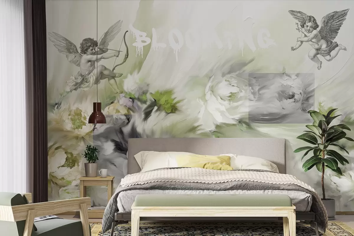 murales de pared Flores en flor, peonías, pequeños Cupidos con flechas, arte acrílico, colores verdes w02023v3