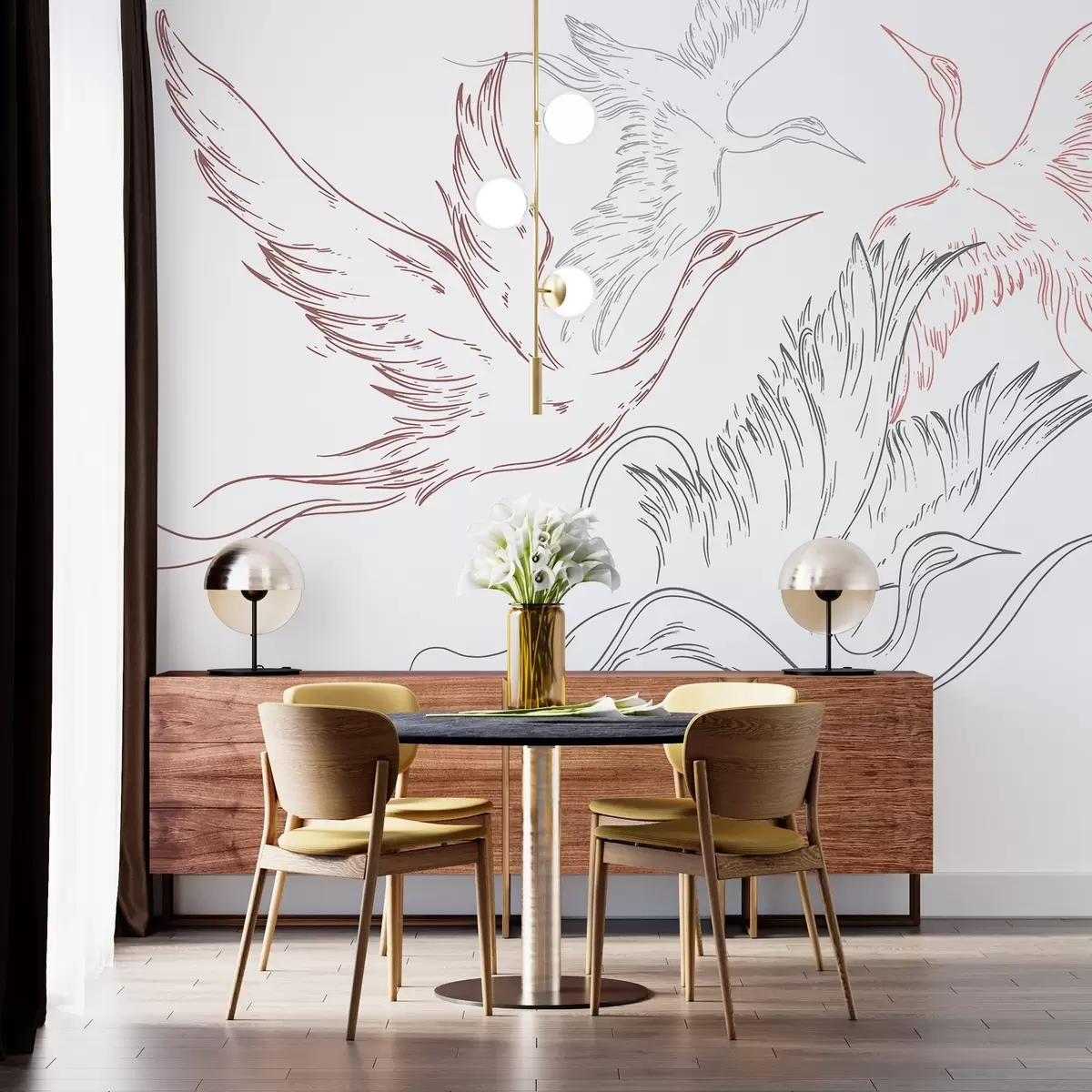 Murales de pared Pájaros volando, minimalismo, arte lineal, naturaleza, colores gris y rojo w02061v1 murales de pared Pájaros volando, minimalismo, arte lineal, naturaleza, colores gris y rojo w02061v1