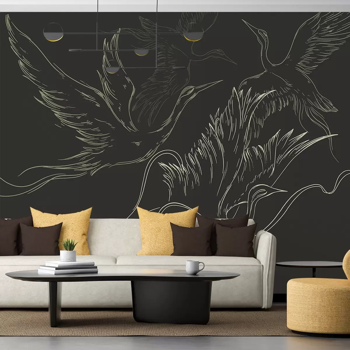 murales de pared Pájaros volando, minimalismo, arte lineal, naturaleza, fondo oscuro w02061v3