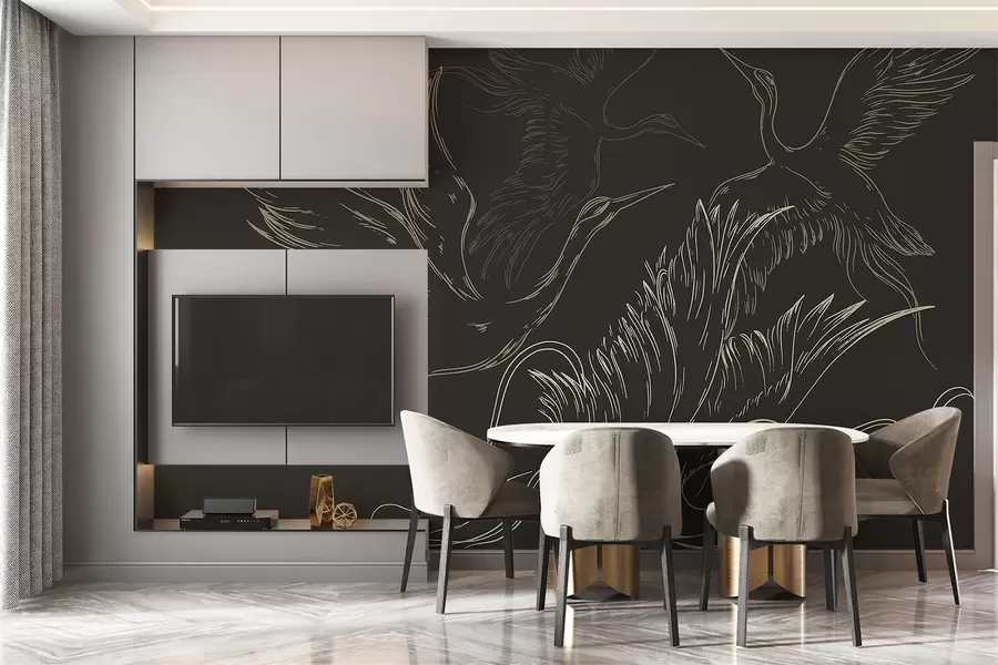 murales de pared Pájaros volando, minimalismo, arte lineal, naturaleza, fondo oscuro w02061v3