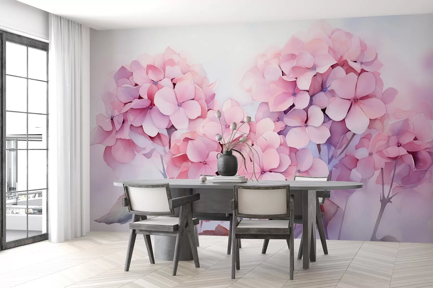 murales de pared Hortensia rosa floreciente acuarela húmeda w02041