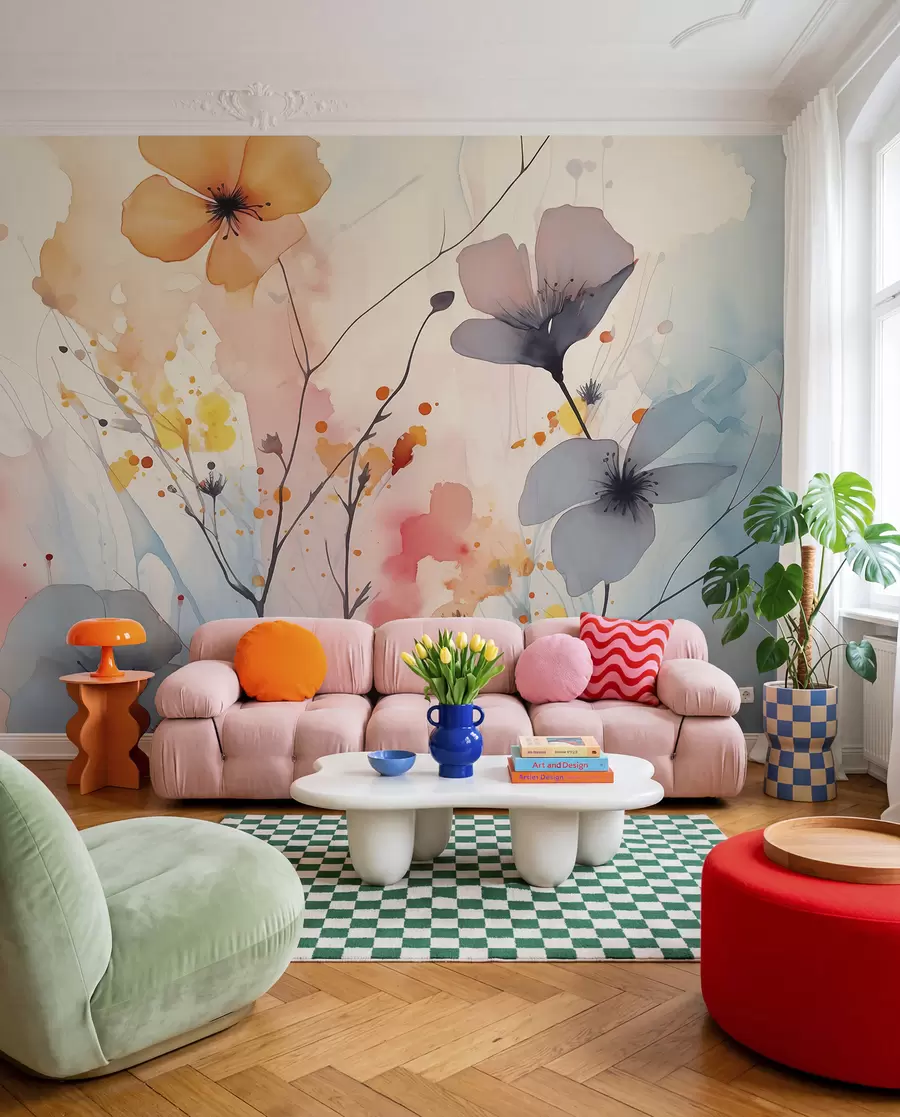 murales de pared Abstracto flores brillantes y ramas con salpicaduras de pintura acuarela húmeda w02049