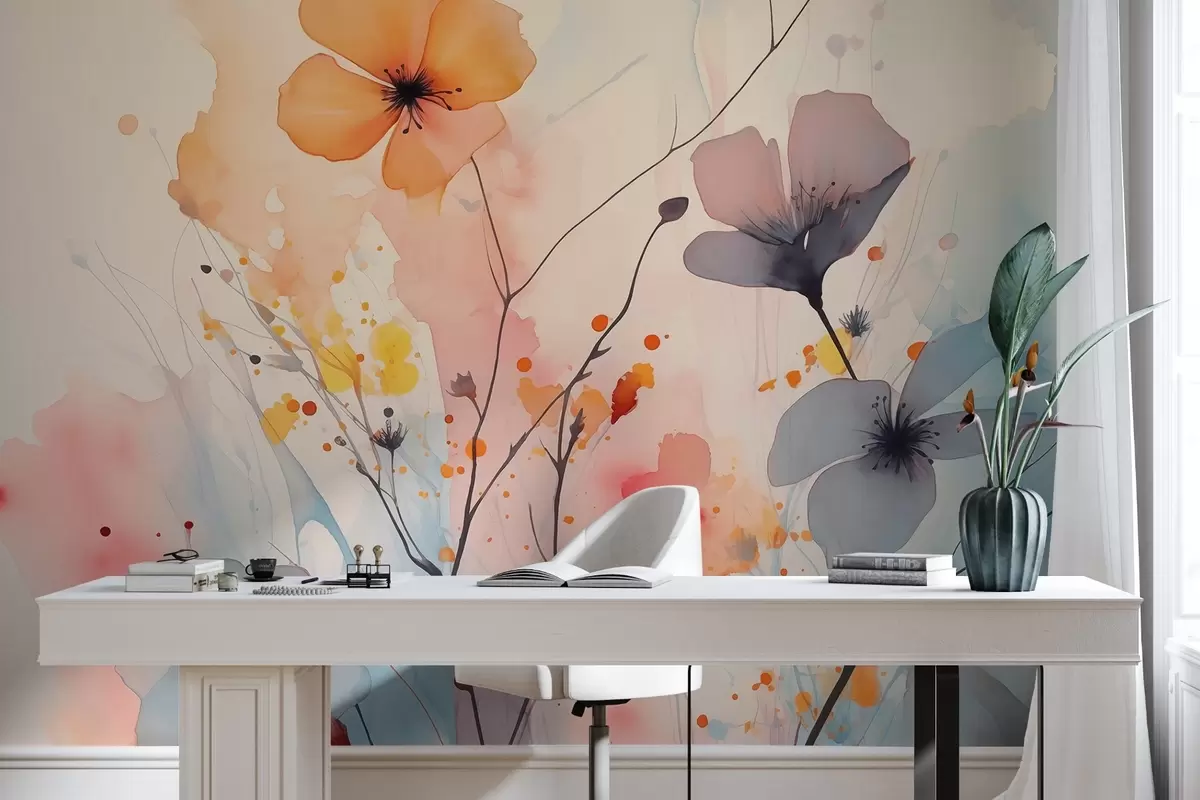murales de pared Abstracto flores brillantes y ramas con salpicaduras de pintura acuarela húmeda w02049