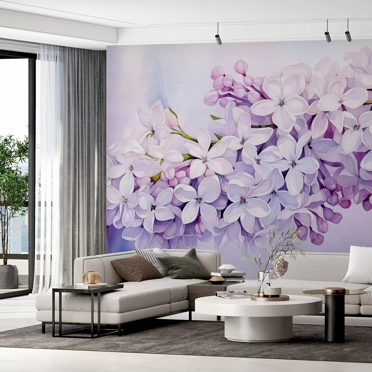 Murales de pared Rama con flores lilas acuarela húmeda, tono morado w02050 murales de pared Rama con flores lilas acuarela húmeda, tono morado w02050