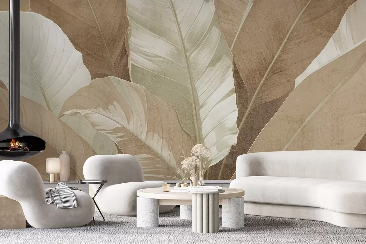 Murales de pared Primer plano de grandes hojas tropicales decorativas, exuberantes y texturizadas, en tonos marrones y beige w08373v1 murales de pared Primer plano de grandes hojas tropicales decorativas, exuberantes y texturizadas, en tonos marrones y beige w08373v1