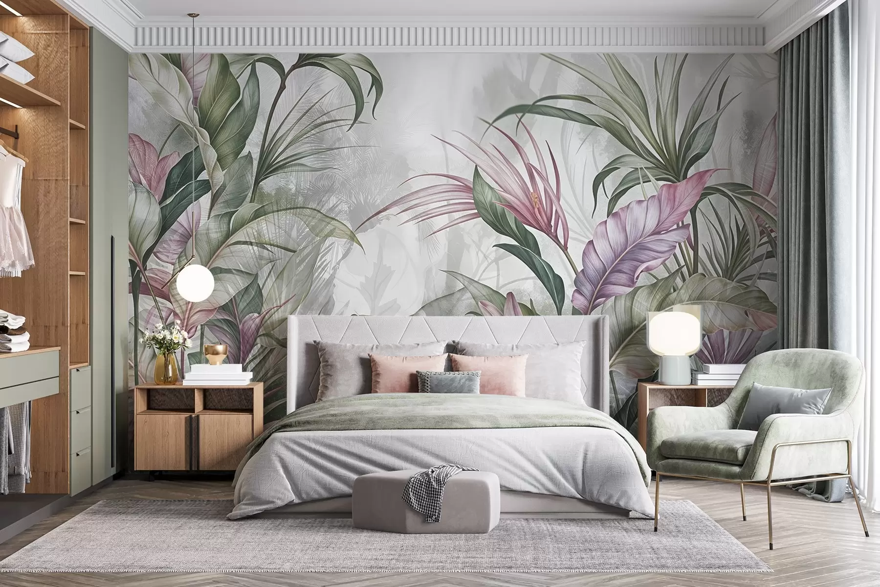 murales de pared Selva tropical con grandes hojas verdes y flores de protea rosa con fondo borroso texturizado w08375
