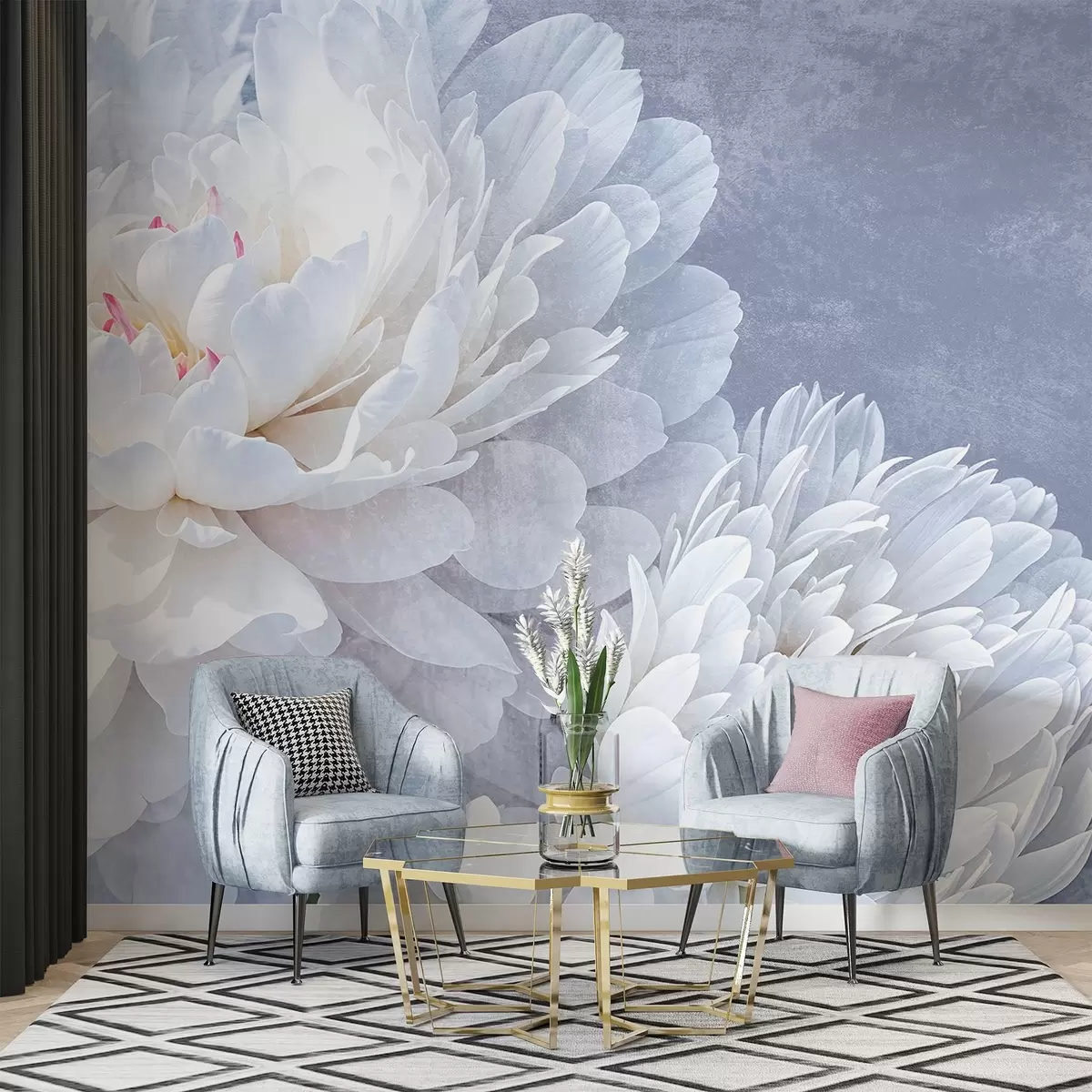 Murales de pared Flores de peonía blancas con pétalos suaves y delicados sobre un fondo de textura azul pastel claro w08379 murales de pared Flores de peonía blancas con pétalos suaves y delicados sobre un fondo de textura azul pastel claro w08379