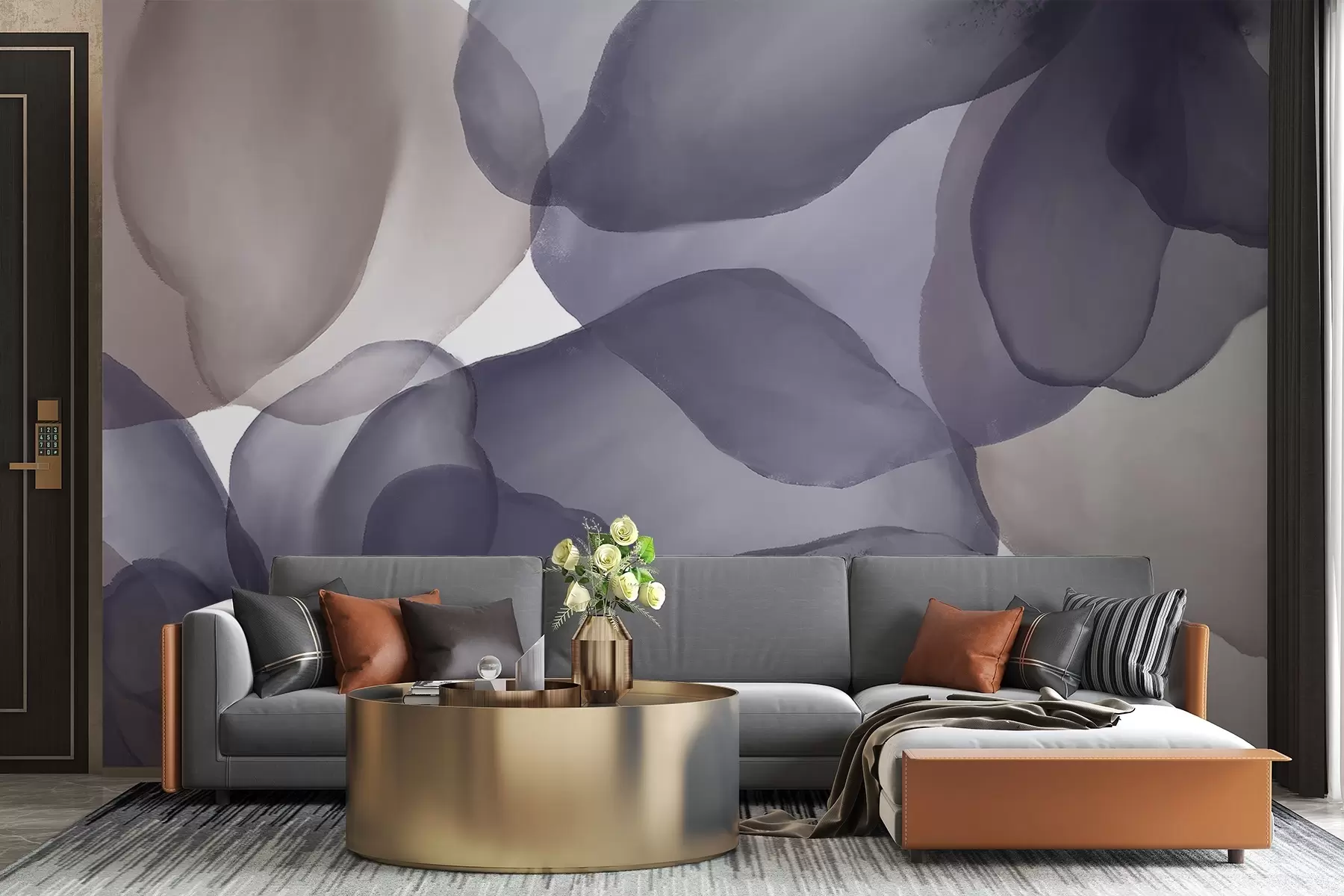 murales de pared Formas florales abstractas de color morado oscuro y beige, formas suaves y orgánicas con sensación de movimiento y fluidez w08381