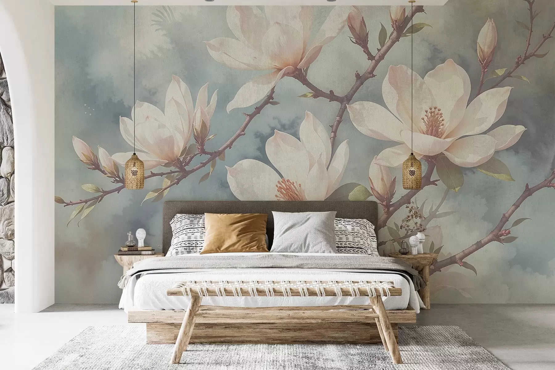 murales de pared Flores blancas de magnolia floreciendo en las ramas de los árboles sobre un fondo azul de textura suave y difuminada w08383
