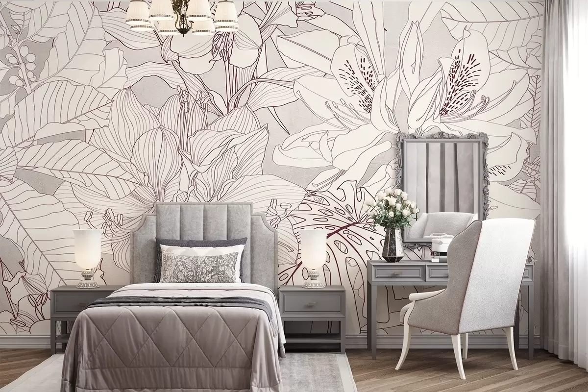 murales de pared Estampado floral detallado en bordo y gris con varios tipos de flores y hojas, un diseño botánico exuberante e intrincado w08385