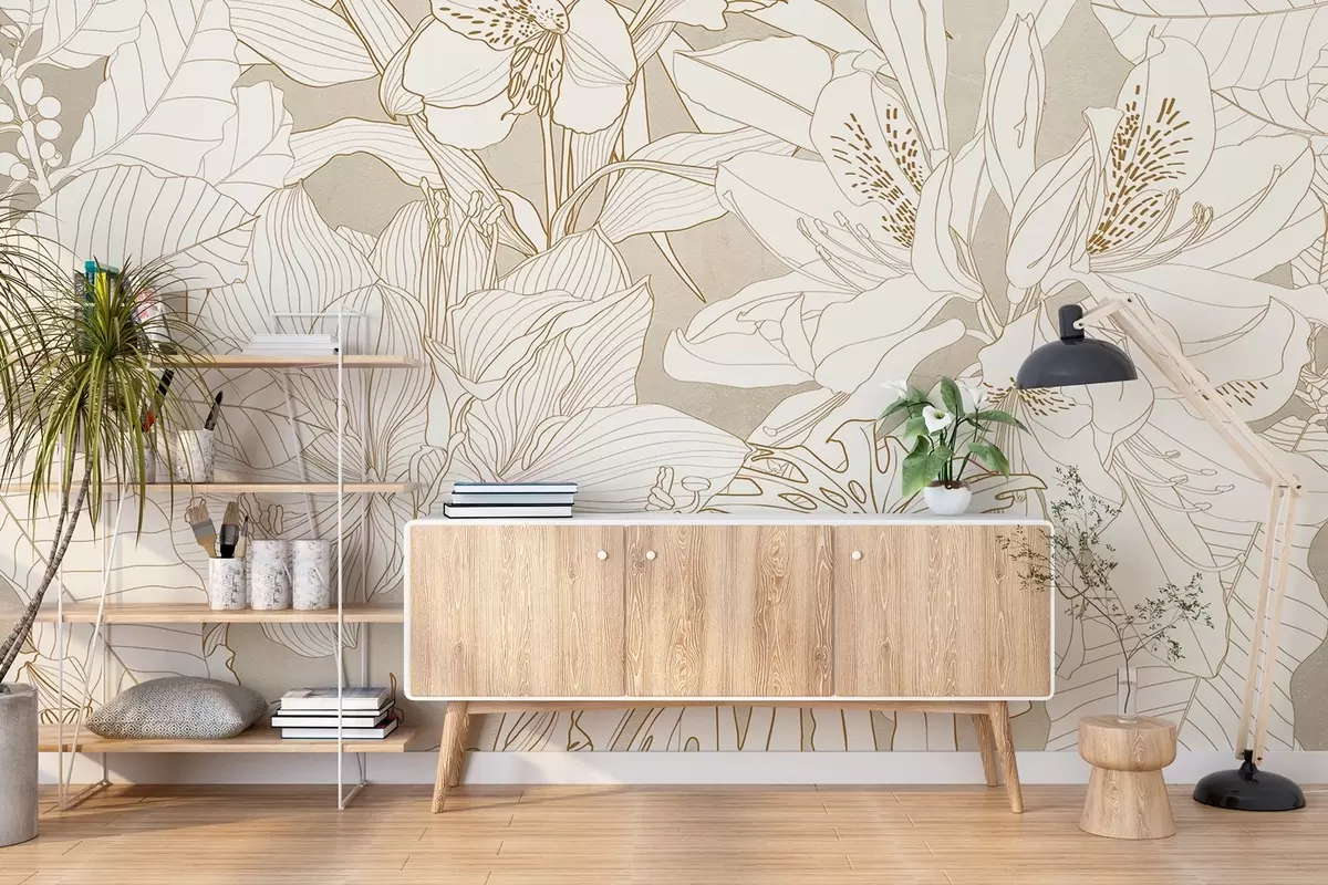 murales de pared Estampado floral detallado en amarillo pastel con varios tipos de flores y hojas, un diseño botánico exuberante e intrincado w08385v1