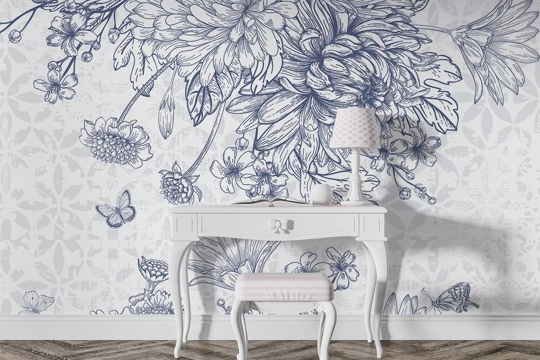 murales de pared Estampado floral azul y blanco con grandes flores de crisantemo, flores más pequeñas, hojas y mariposas w08386