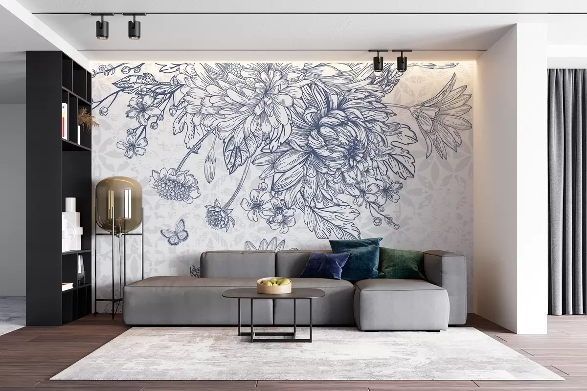 Murales de pared Estampado floral azul y blanco con grandes flores de crisantemo, flores más pequeñas, hojas y mariposas w08386 murales de pared Estampado floral azul y blanco con grandes flores de crisantemo, flores más pequeñas, hojas y mariposas w08386