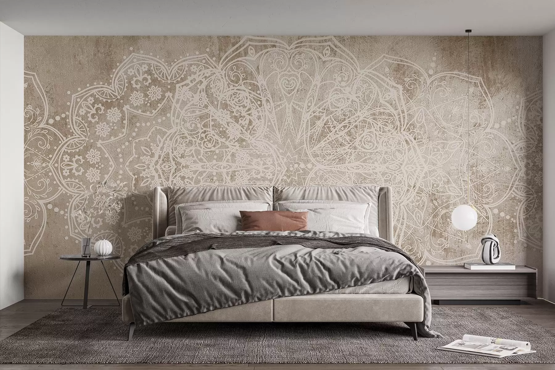 murales de pared Un detallado e intrincado dibujo de mandala de encaje blanco sobre un fondo de pared de color marrón beige con textura de loft w08387v1