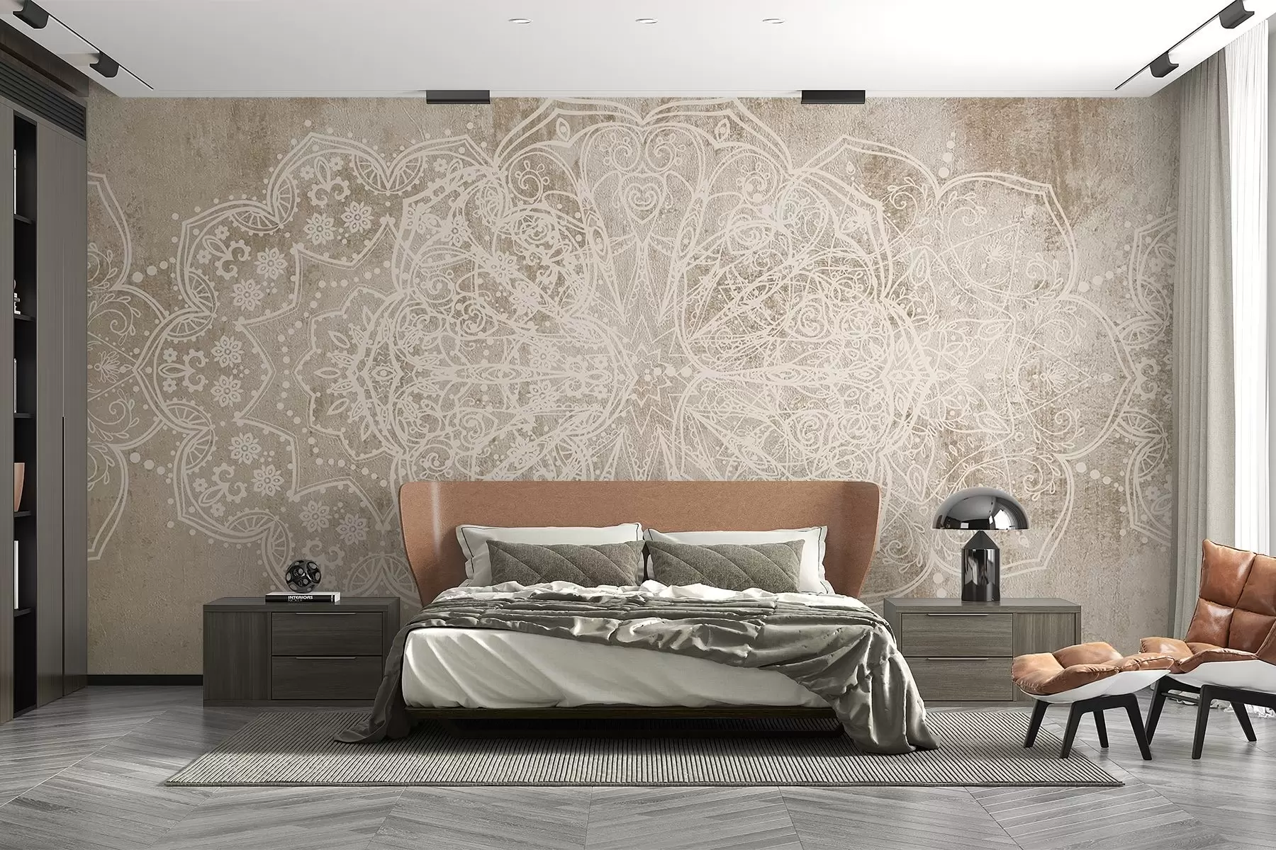 murales de pared Un detallado e intrincado dibujo de mandala de encaje blanco sobre un fondo de pared de color marrón beige con textura de loft w08387v1
