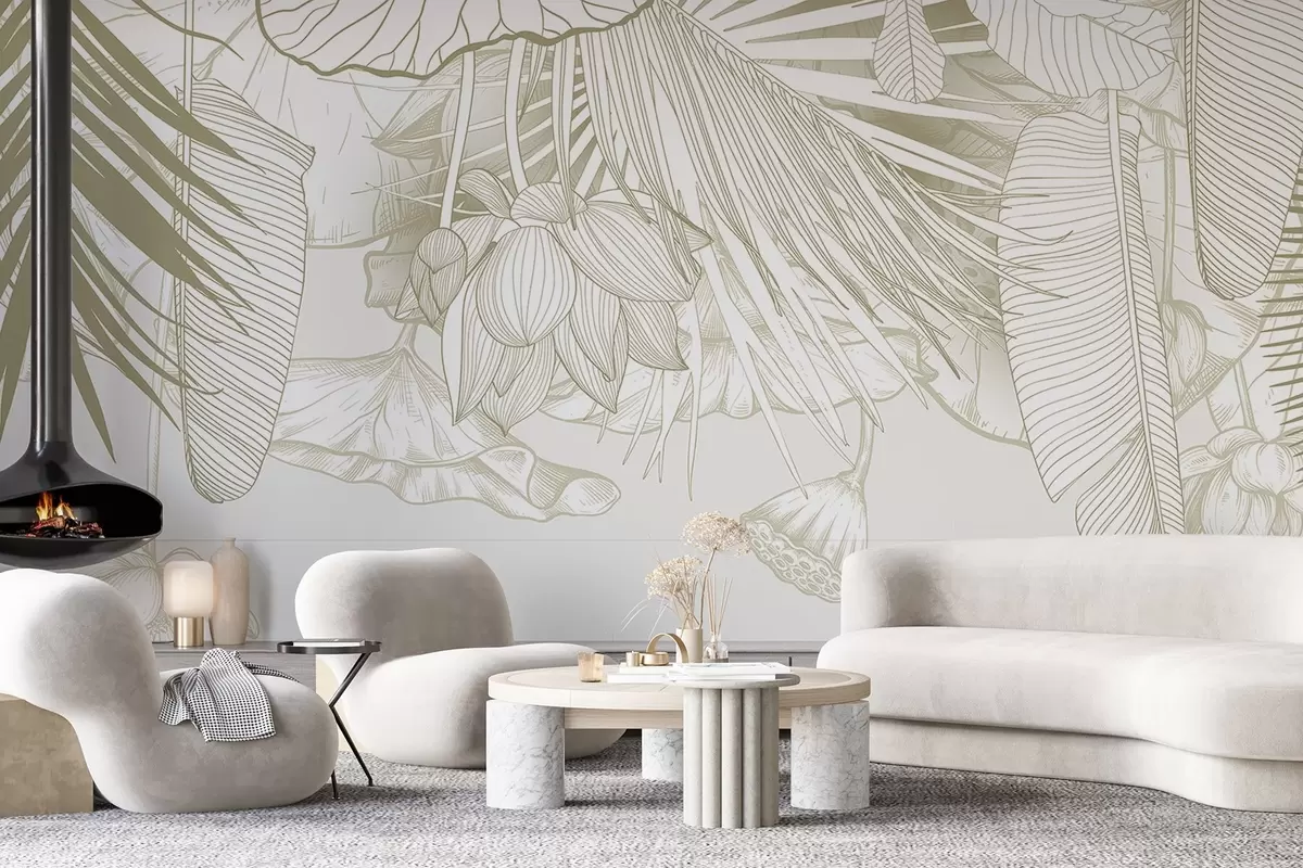 murales de pared Un primer plano de un estampado floral beige con grandes pétalos y hojas superpuestas en un color monocromo w08389